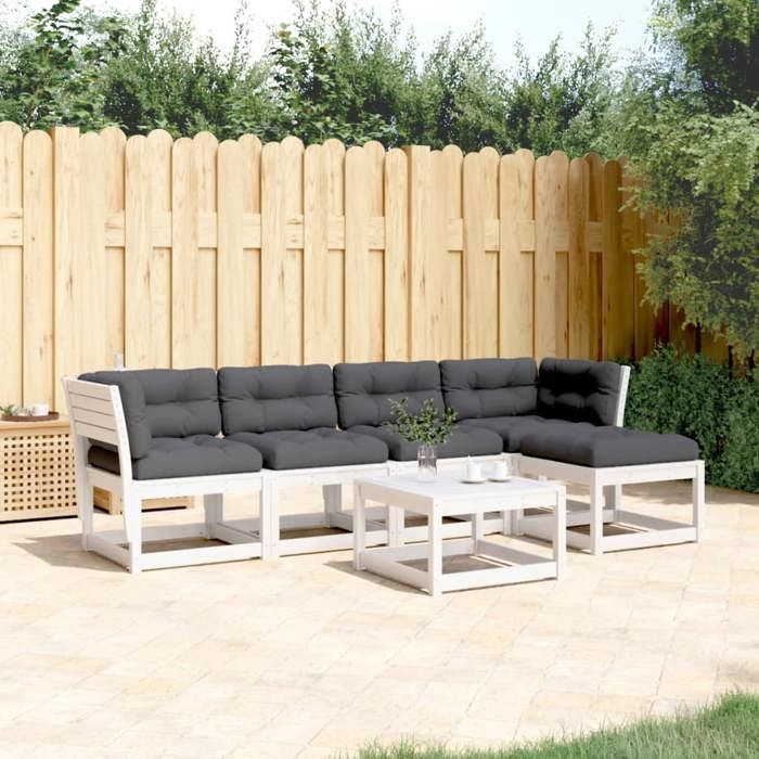 VidaXL Salon de Jardin avec Coussins 5 pcs, Sièges de Patio, Ensemble de Meubles, Mobilier de Terrasse Extérieur, Blanc Bois 3217011