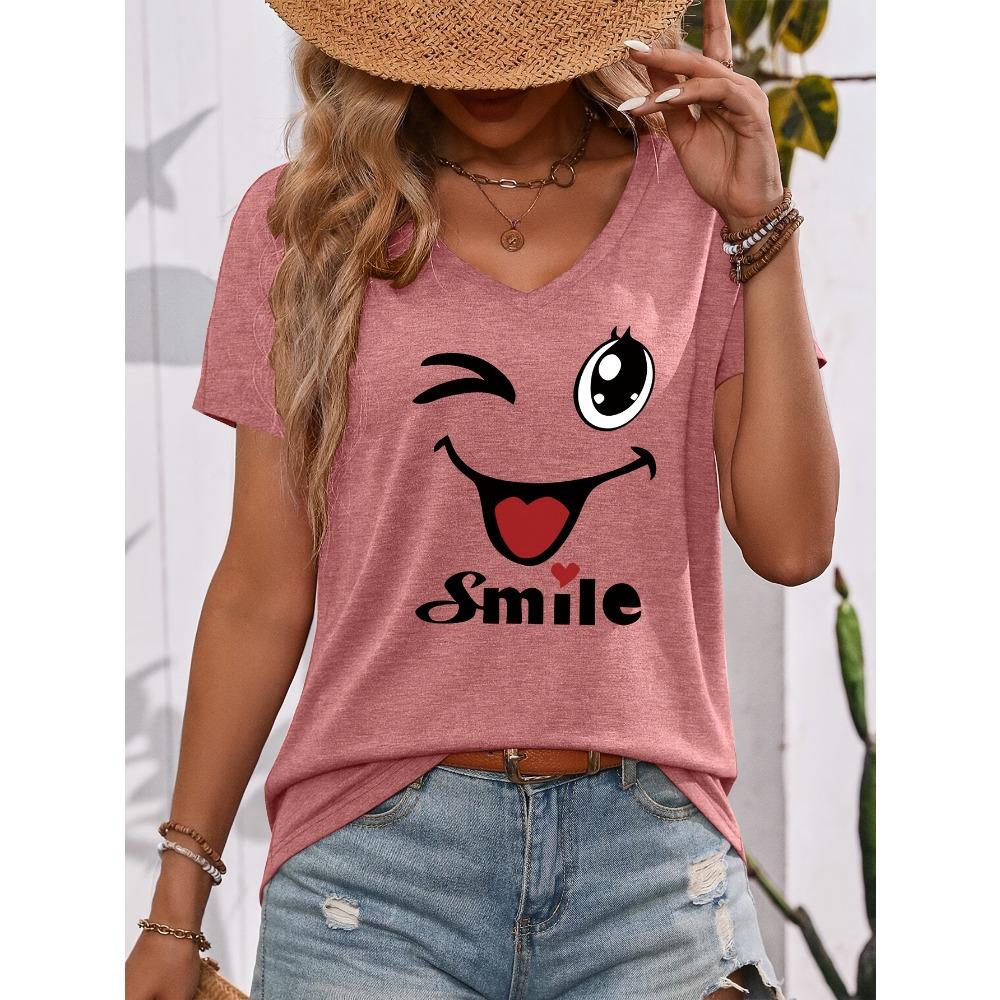[T-shirt Imprimé Ancre] T-shirt Décontracté pour Femme à Imprimé Ancre et Col en V - Court
