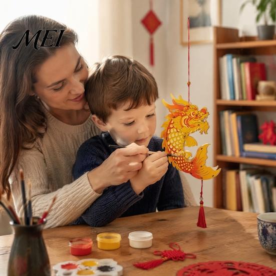 DIY Lantern Assembly Toy Chinese Dragon Fish Kit, Coloring Crafts for Mid-Autumn Holiday Decoration Festival, Handmade Handheld Wooden Kids
