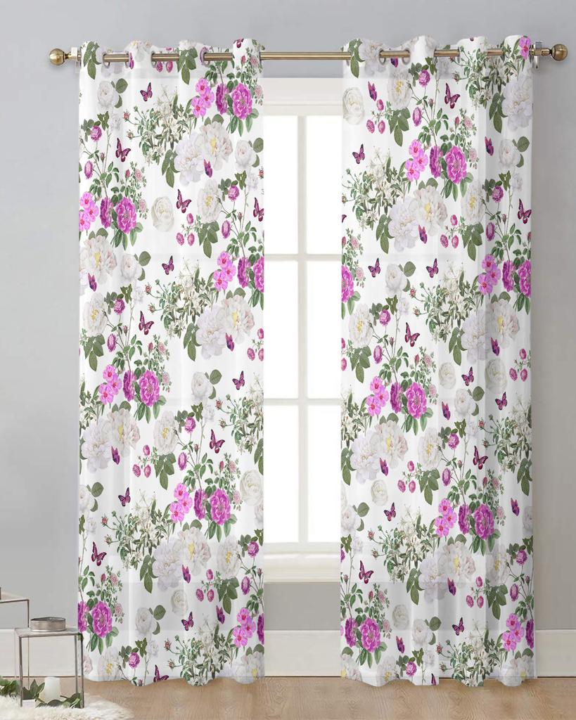 Vintage Flower Butterfly Sheer Curtains for Living Room Decoration Window Curtains for Kitchen Tulle Voile Organza Curtains