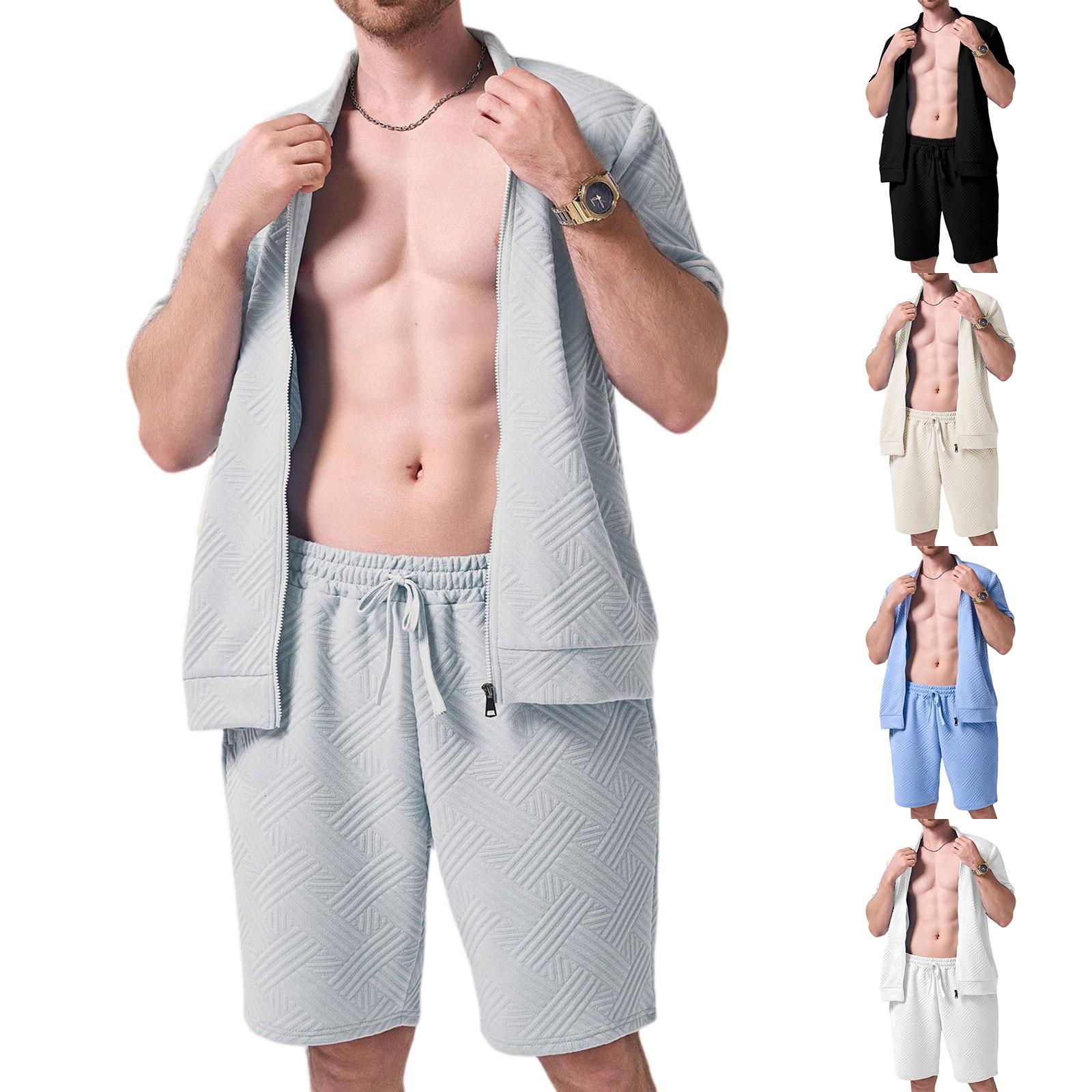 

Men s Casual Set: Loose Zipper Short-sleeved Jacket And Elastic Waist Casual Shorts, Solid Color Textured Men s Two-piece Set L чорний