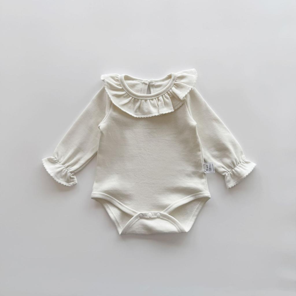 Renren 2025 Spring/Autumn New Arrival Baby Girls' Cotton Ruffled Collar Pullover Closure Base Romper Korean Style Long Sleeve
