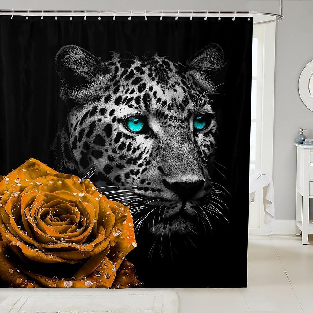 Cheetah Print Shower Curtain, African Leopard Animal Design, Red Floral Black Waterproof Panel With Hooks
