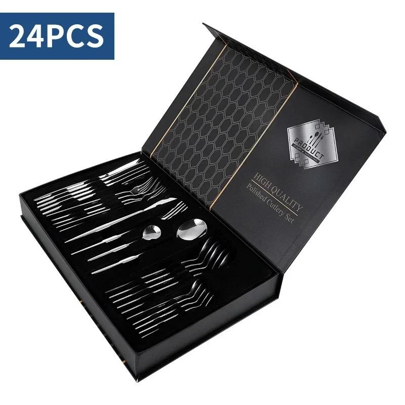 5/24Pcs Black Handle Golden Cutlery Set Stainless Steel Steak Knife Fork Spoon Tableware Dessert Spoon Festival Kitchen Cutlery