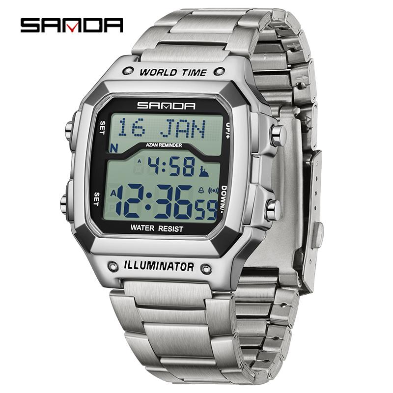 Relógio Digital SANDA 2173 Hora Mundial com Função Azan Pulseira de Aço À Prova d'Água Multifuncional Lembrete de Oração Relógio de Pulso