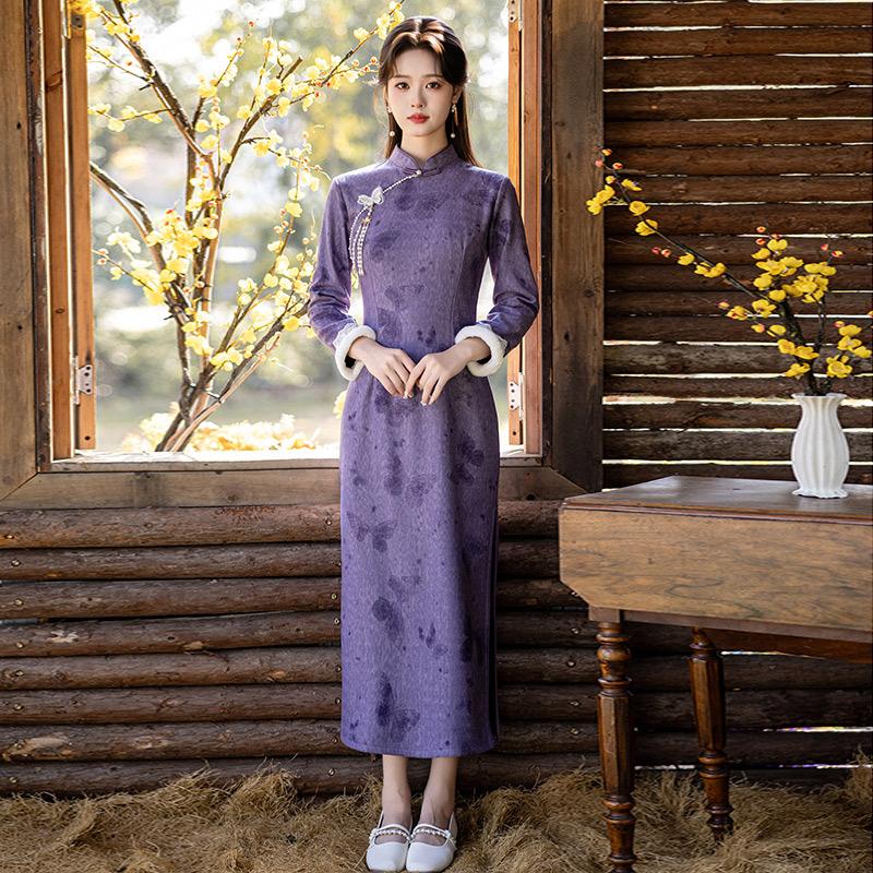 Purple velvet thickened winter clothing national style new Chinese long-sleeved cheongsam improved new women s retro waist winter S