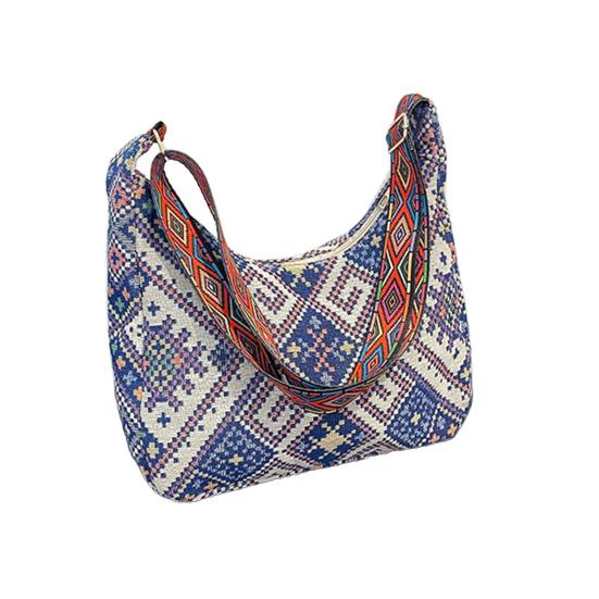 Women Ethnic Crossbody Bag Canvas Shoulder Bag with Adjustable Strap Multicolor Hobo