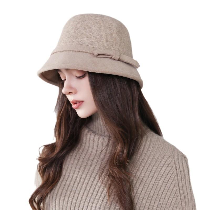 Hepburn Style Wool Hat for Women In Autumn and Winter New French Retro Bow Basin Hat Elegant Warm Fisherman Hat