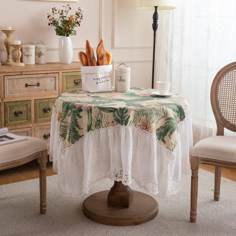 American Pastoral Polyester Printed Lace Skirt Pleated Lotus Leaf Fungus Edge Coffee Table Tablecloth Dining Table Cloth Cover Towel