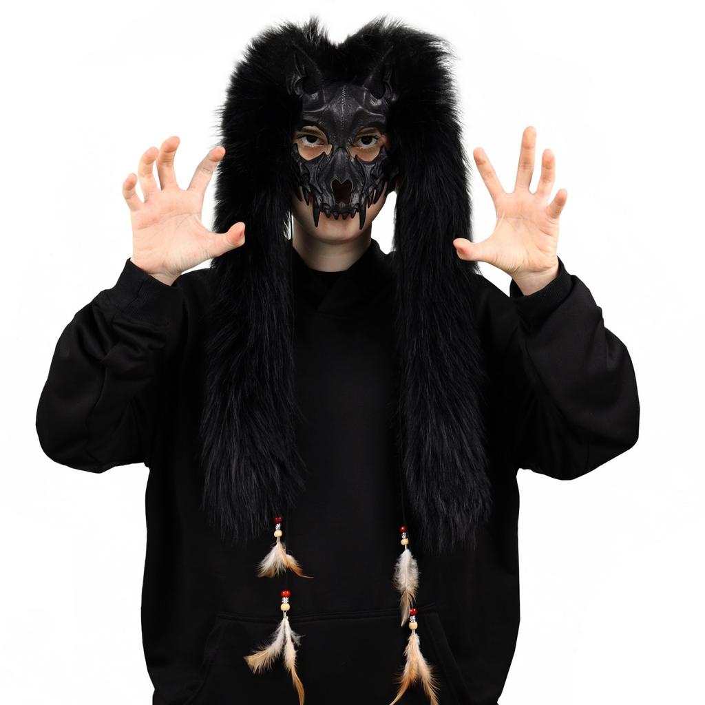 Halloween Karneval Mode Tiermaske Wikinger Fuchsmaske mit Kunstfell Kopfschmuck COS Werwolf