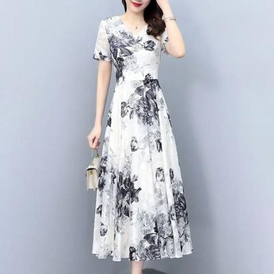 Abito Maxi Estivo da Donna in Chiffon Fluido Casual Manica Corta Scollo a V Abito Lungo Boho Floreale Abito da Spiaggia