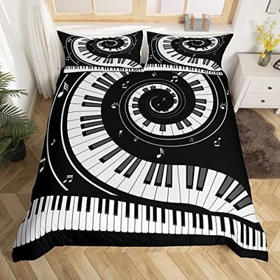 Musik Bettbezug Set Queen Size, Weißes Musiknoten Bettwäsche Set 3-teilig für Kinderzimmer Deko, Schwarz Weiß Klaviertasten Bettdeckenbezug