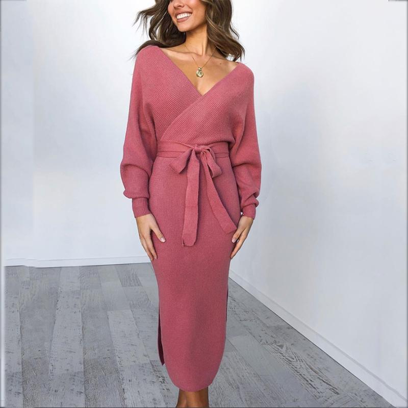 

Женский зимний трикотажный свитер с глубоким V-образным вырезом, с длинным рукавом, вечернее платье-карандаш, облегающее Purple,L