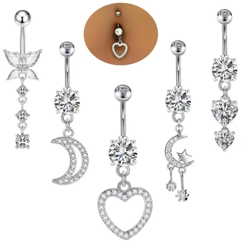 Sterling Silver Dangle Belly Button Rings for Women with Zircon Navel Stud Body Piercing Jewelry Statement Pieces