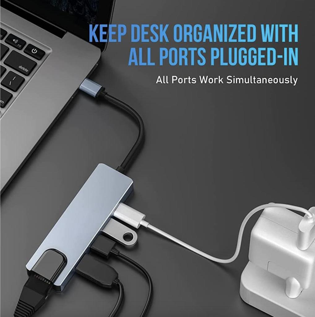 5-in-1 USB C Hub Adapter with 4K HDMI 1000Mbps Ethernet 100W PD USB 3.0 2.0 Multiport Dongle for MacBook iPad Laptop