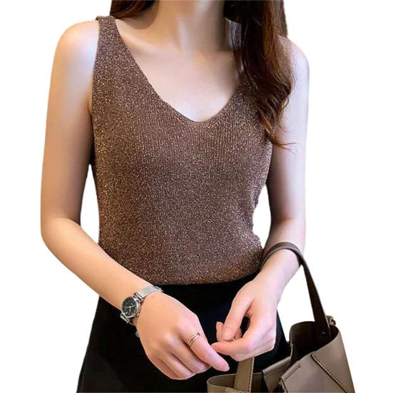 Mujer Sexy Color Sólido Brillante Camisetas sin Mangas Tejido Punto Cuello en V Verano Ajustado Chaleco