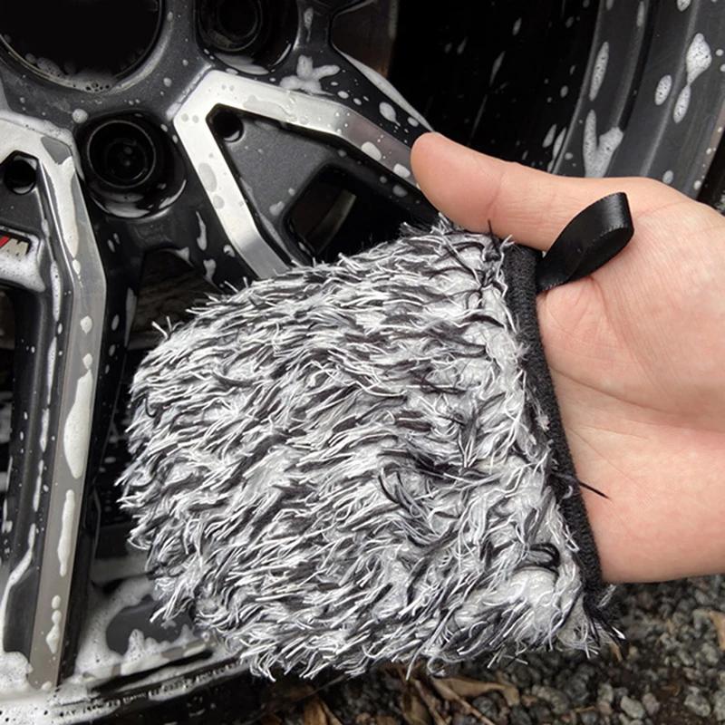 SEAMETAL 1PC Microfiber Car Wash Glove Double-Side Finger Pocket Car Wheel Wash Mitt for Car Cleaning
