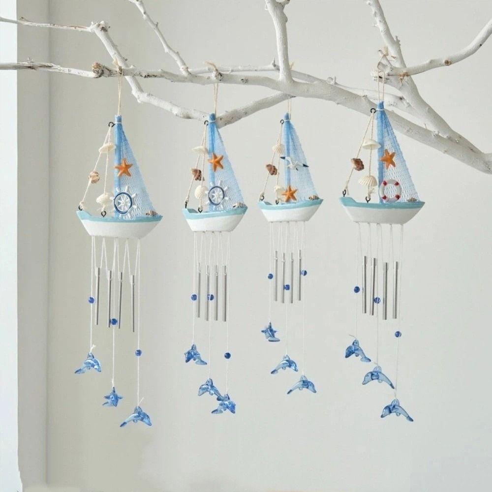 Shell Star Nautical Sailboat Wind Chime Tassel Hanging Ornaments Small Boats Models Home Decor