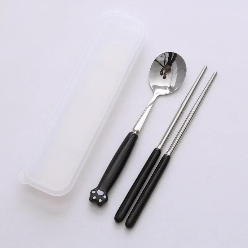 

Stainless Steel Spoon Fork Chopsticks Set with Storage Box for Coffee, Snacks, Fruit, Dessert, 2/3 pcs Cute Cat Claw Kitchenware