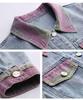 Women's Retro Patchwork Denim Jacket - Color Block Petite, Versatile & Casual for Spring/Autumn 2025