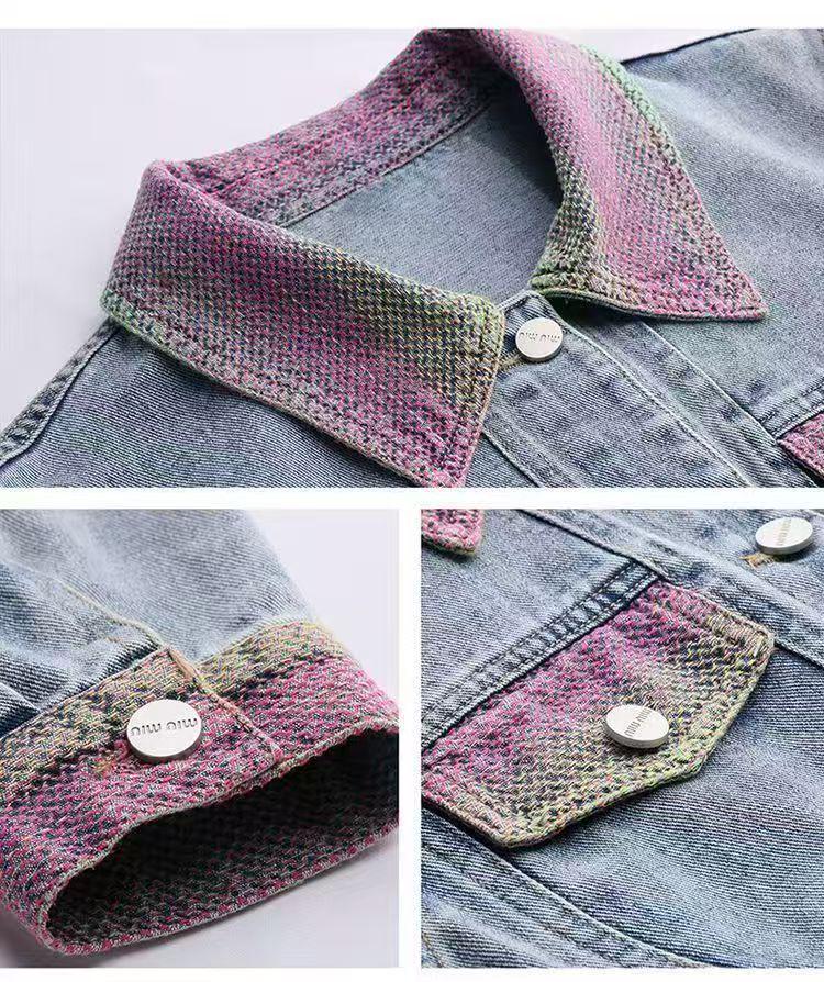 Women's Retro Patchwork Denim Jacket - Color Block Petite, Versatile & Casual for Spring/Autumn 2025