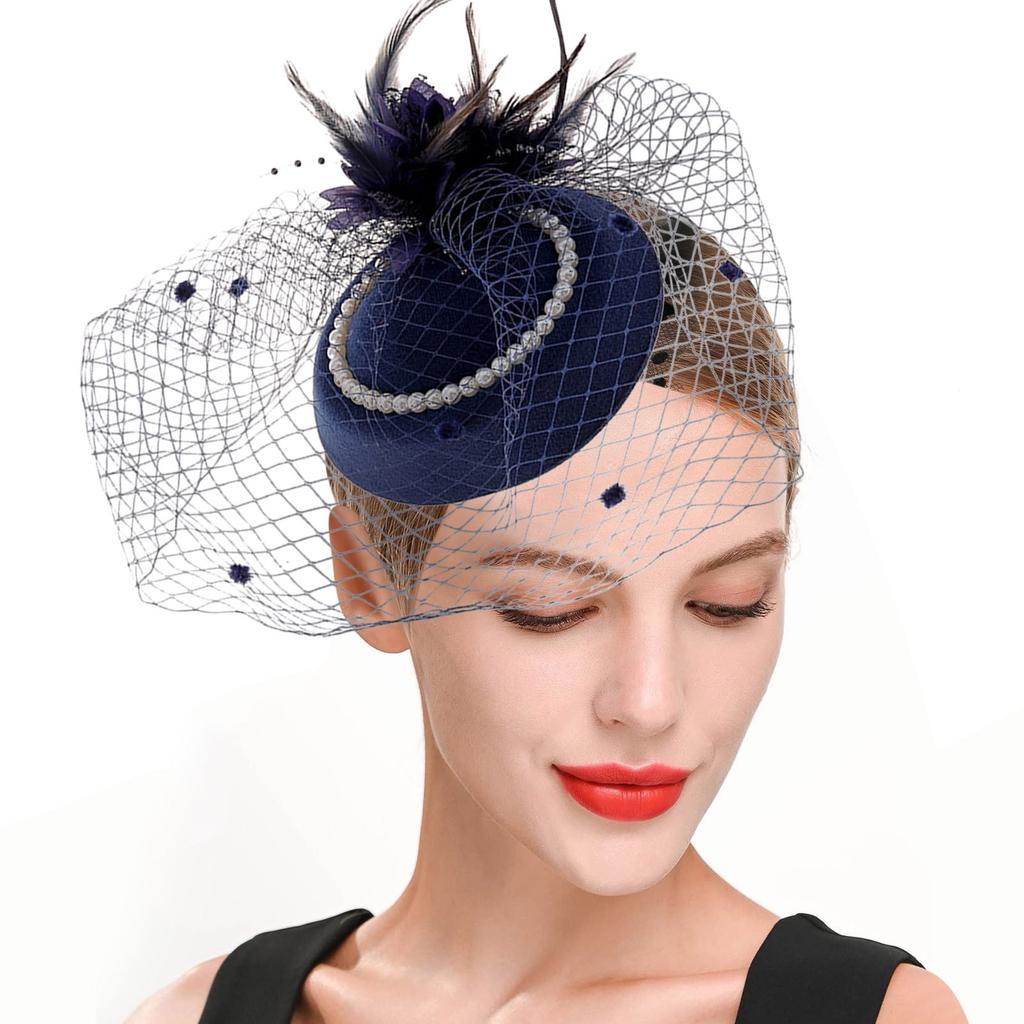 Women'S Head Flower Racing Ball Mesh Top Hat Feather Headwear Pearl Hair Accessories Fascinator Hats Tea Party Hat For Cocktail