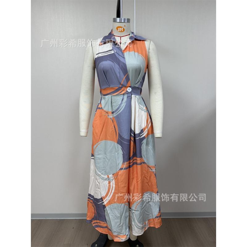 

women s Collared V Neck Sleeveless Button Waist Big Swing Midi Dress Elegant Casual Party Long Dress 5XL