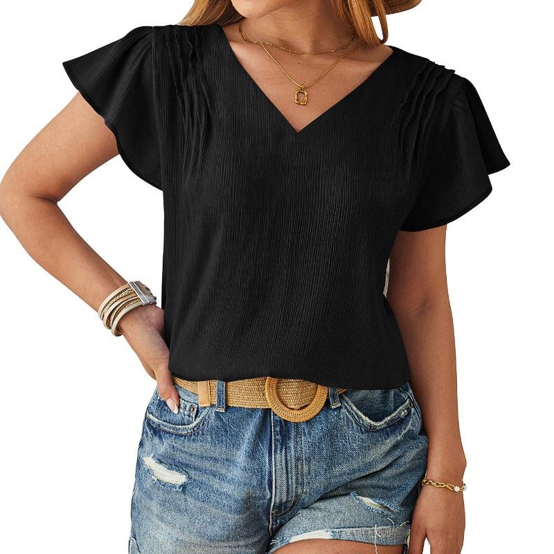 Summer New V-neck Fashion Short Sleeve Casual Women Blouse Elegant Loose Pleated Office Tops Solid Color Simple Loose Slim Women Vlothing