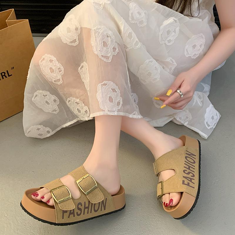 

Fairy wind thick-bottomed muffin slippers female outer wear summer new belt buckle with skirt beach one-word sandals 40 жёлтый