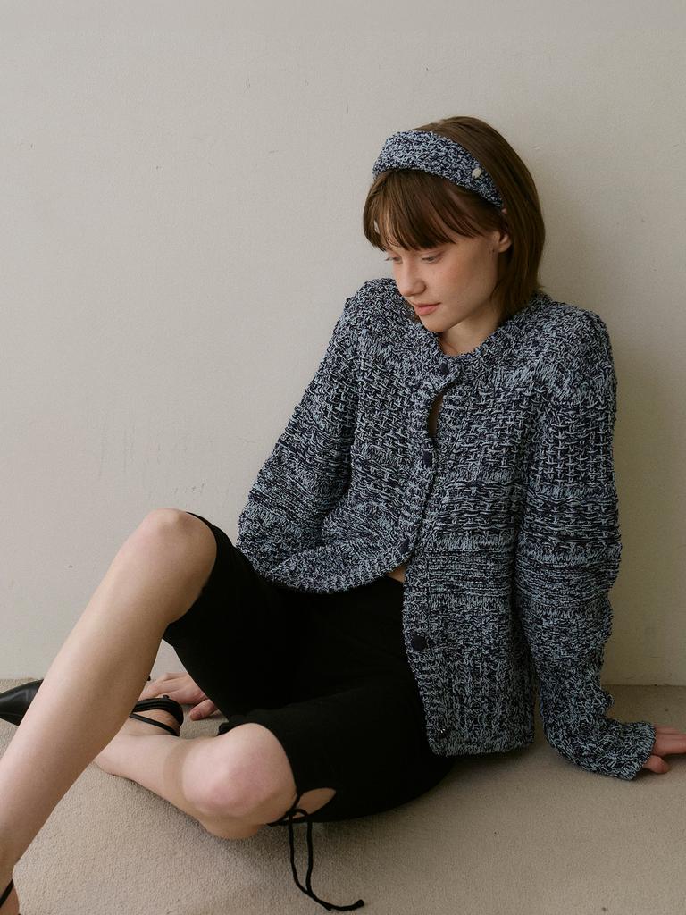 Tinknit Cotton Tweed Knit Cardigan_ Blue