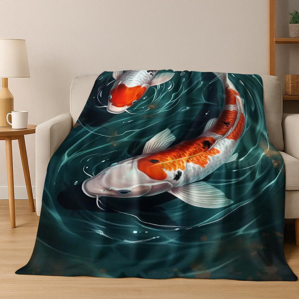 Koi Carp Naturalize Yin Yang Fish Flannel Blanket Soft Warm Blanket for Bedroom Room Living Room Bed Travel Camping Picnic Gift