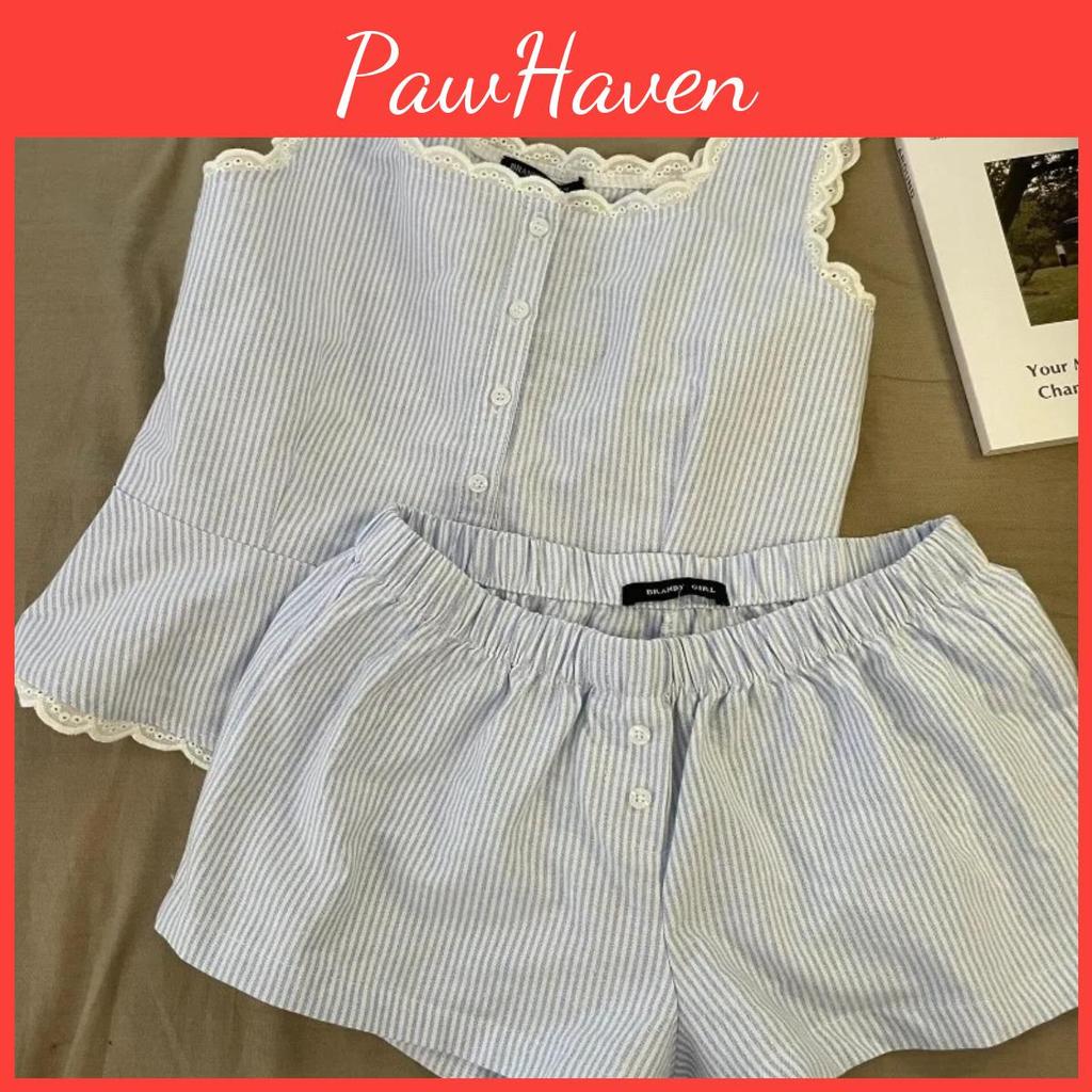 Pajamas Summer Sleepwear Striped Women Sleeveless Shorts Sets 2 Pieces Lace Night Wears Tank Korean Sleeping Home Suit