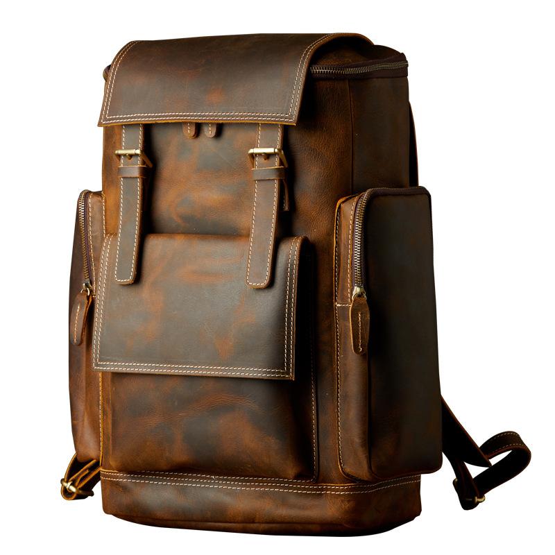 Genuine Leather Bag Handmade Cowhide Backpack Men's Large-capacity Motorcycle Men's Bag Cycling Travel Leather Bag Tide Brand Computer Backpack