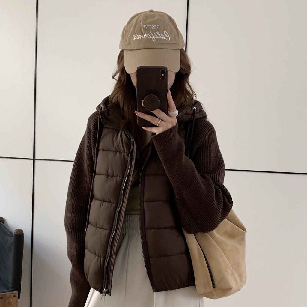 Women's Winter Hooded Down Jacket Knit Sleeves Cropped Coat