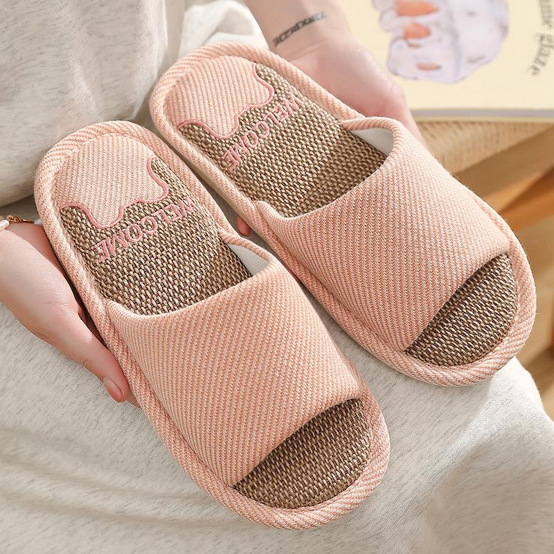 Women's Linen Slippers, Breathable Soft Sole, Silent & Non-slip, Indoor Sandals for Spring/Autumn, Unisex Home Use.