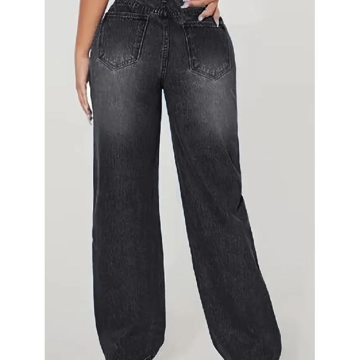 Mom Jeans Dámské Džínové Kalhoty Široké Nohavice Dlouhé Kalhoty Dírky Vysoký Pas Rovné Kalhoty Y2k Streetwear Práce Prošívané Ležérní Punk