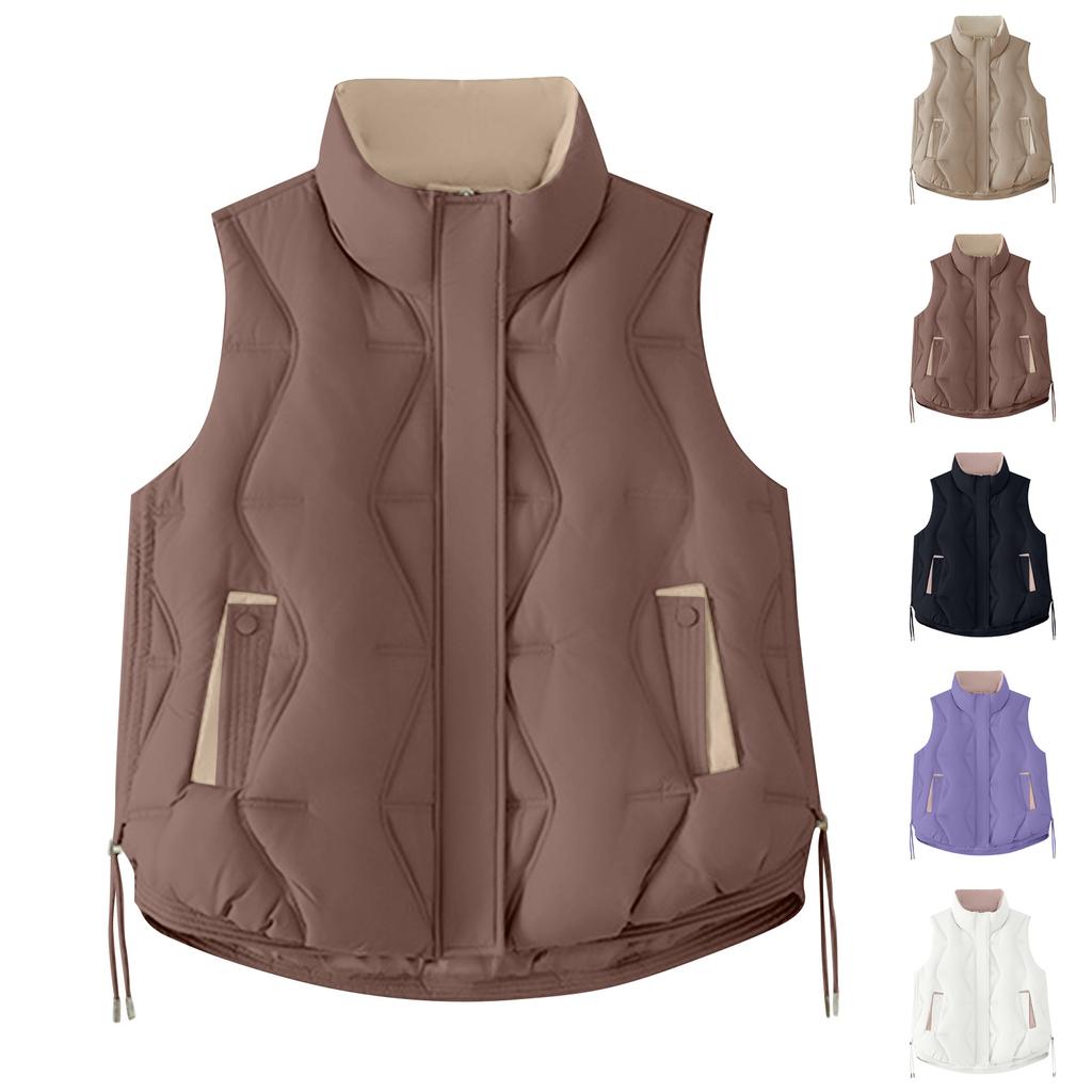 Women's Solid Color Fashionable Pocket Stand Up Collar Button Vest Jacket