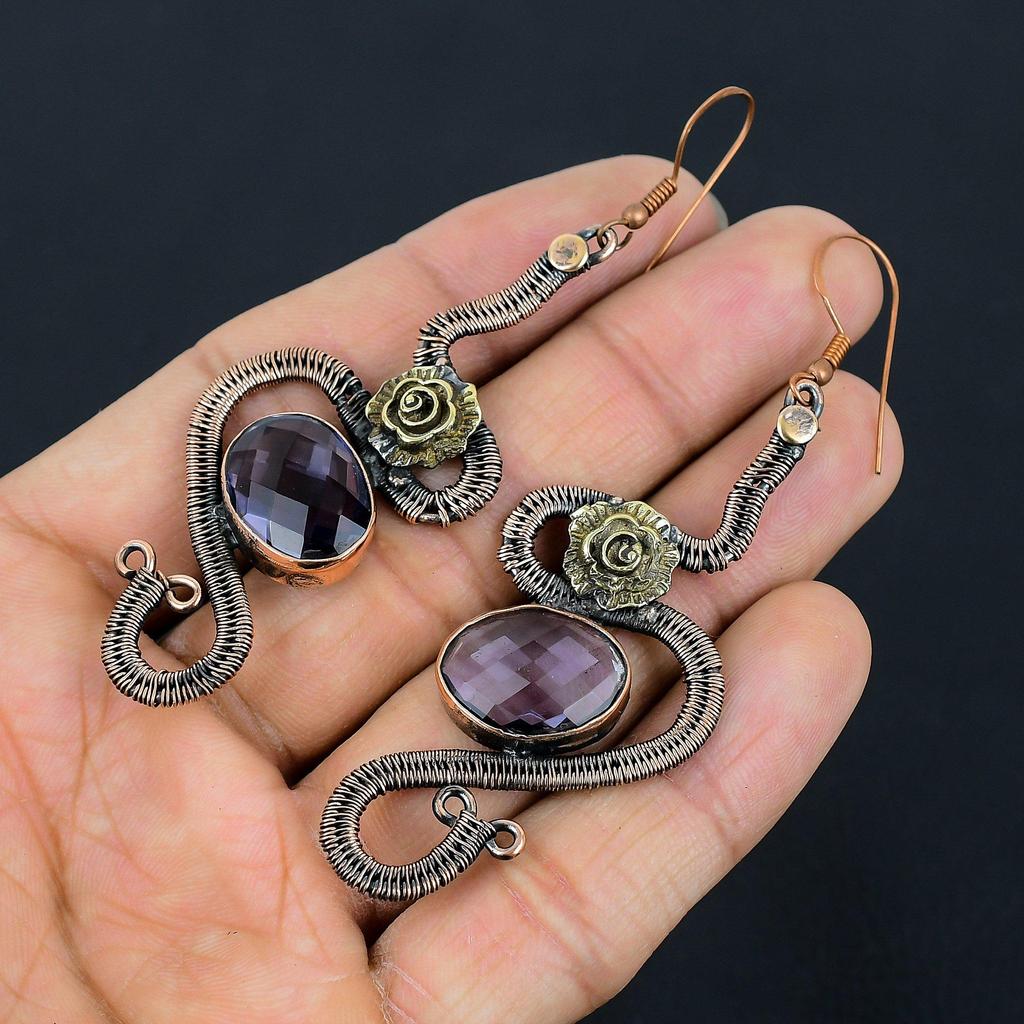 Faceted Amethyst Earrings, 999 Copper Wire Wrapped Gemstone Jewelry, Handmade Earrings, For Thanksgiving