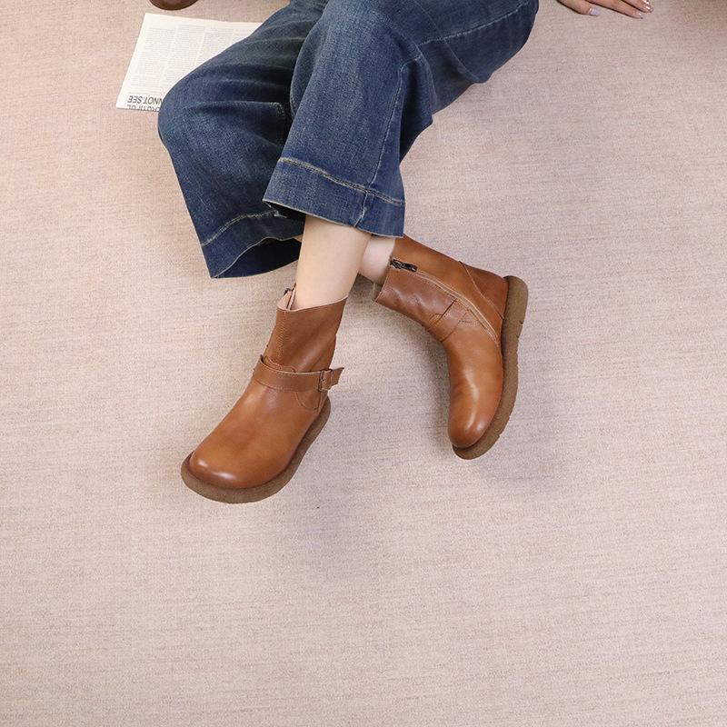 Johnature Retro Klamra Paska Skóra Naturalna Krótkie Botki Okrągły Nosek Boczny Zamek Płaska Podeszwa Damskie Botki