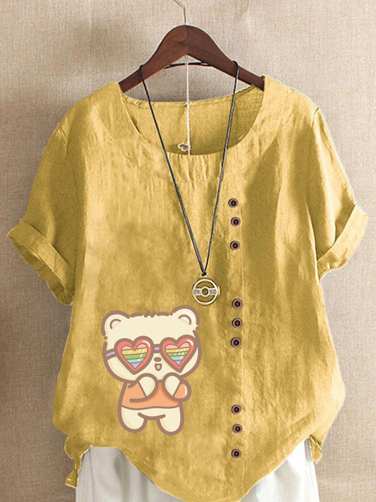 Women's Fashion Cute Cat Print Round Neck Short Sleeve T-shirt Summer Casual Cotton Linen Graphic Shirt Leisure Loose Blouse Tops