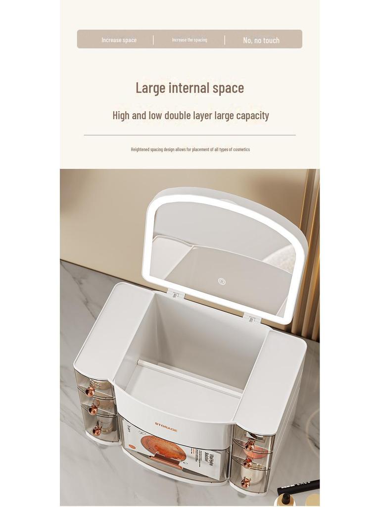 Beleuchtete 3-Farben Kosmetik-Aufbewahrungsbox mit Spiegel, Staubdichte Desktop-Schublade für Hautpflege