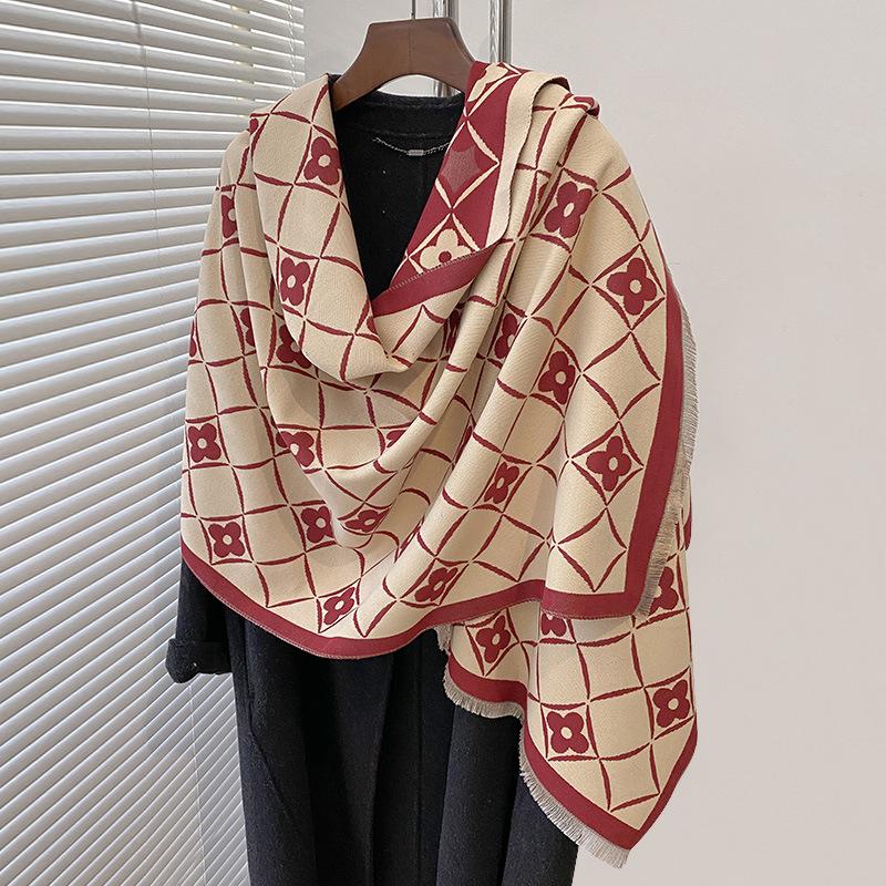 double-sided imitation cashmere geometric square flower print thickened warm scarf air-conditioned room shawl outside