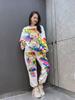 Colorful Diamonds Cartoon Bear Two Piece Sets Womens Outifits Autumn Casual White Tracksuit Tops and Long Pants Suits