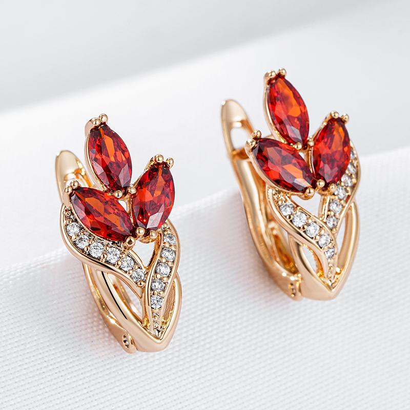 New  Rose Gold Color Crystal Leaf Drop Earrings For Women Red Natural Zircon Accessories Party Daily Vintage Jewelry