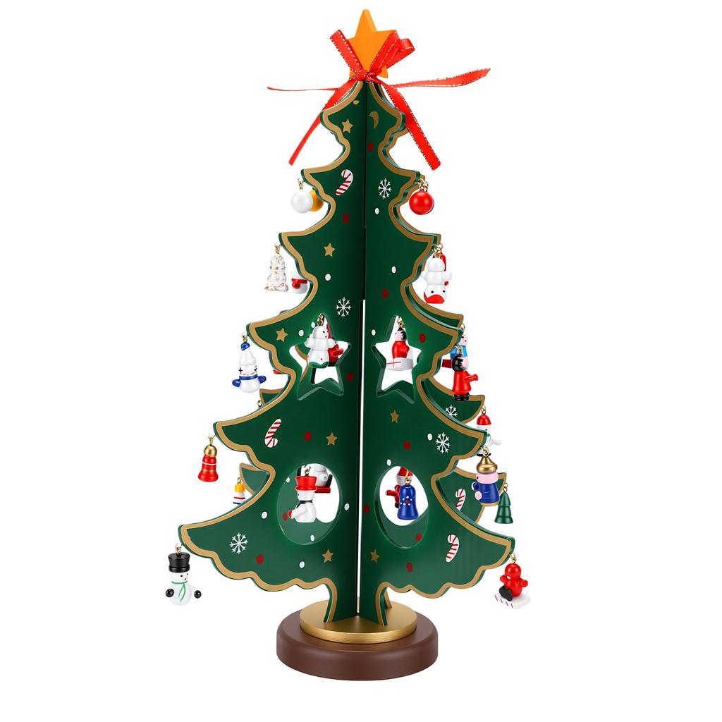 Wooden Xmas Tree Advent Calendar Tabletop Xmas Tree Decoration with Star Topper and 28 Ornaments for Home
