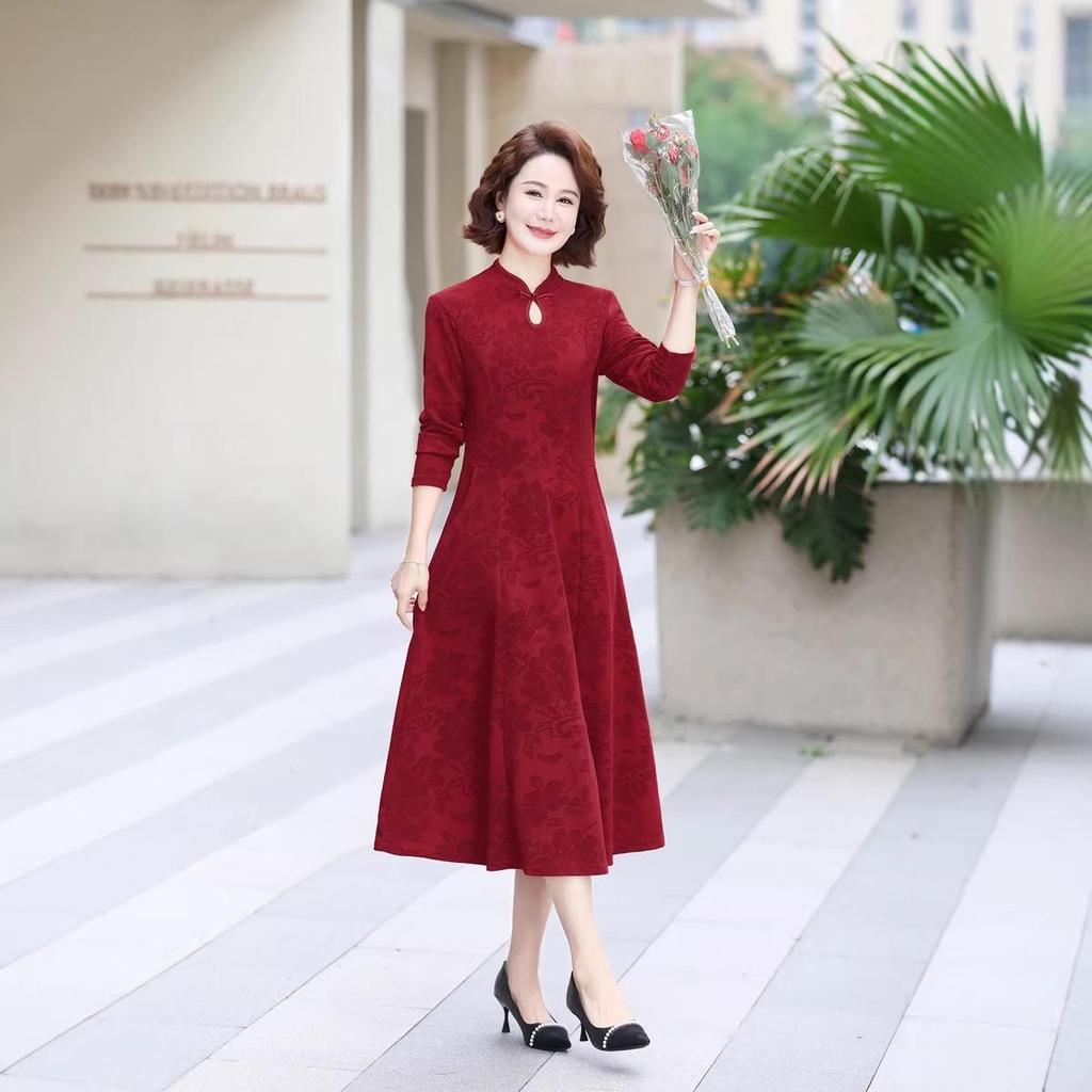 Elegant Jacquard Slimming Long Sleeve Cheongsam Midi Dress for Formal Occasions and Weddings