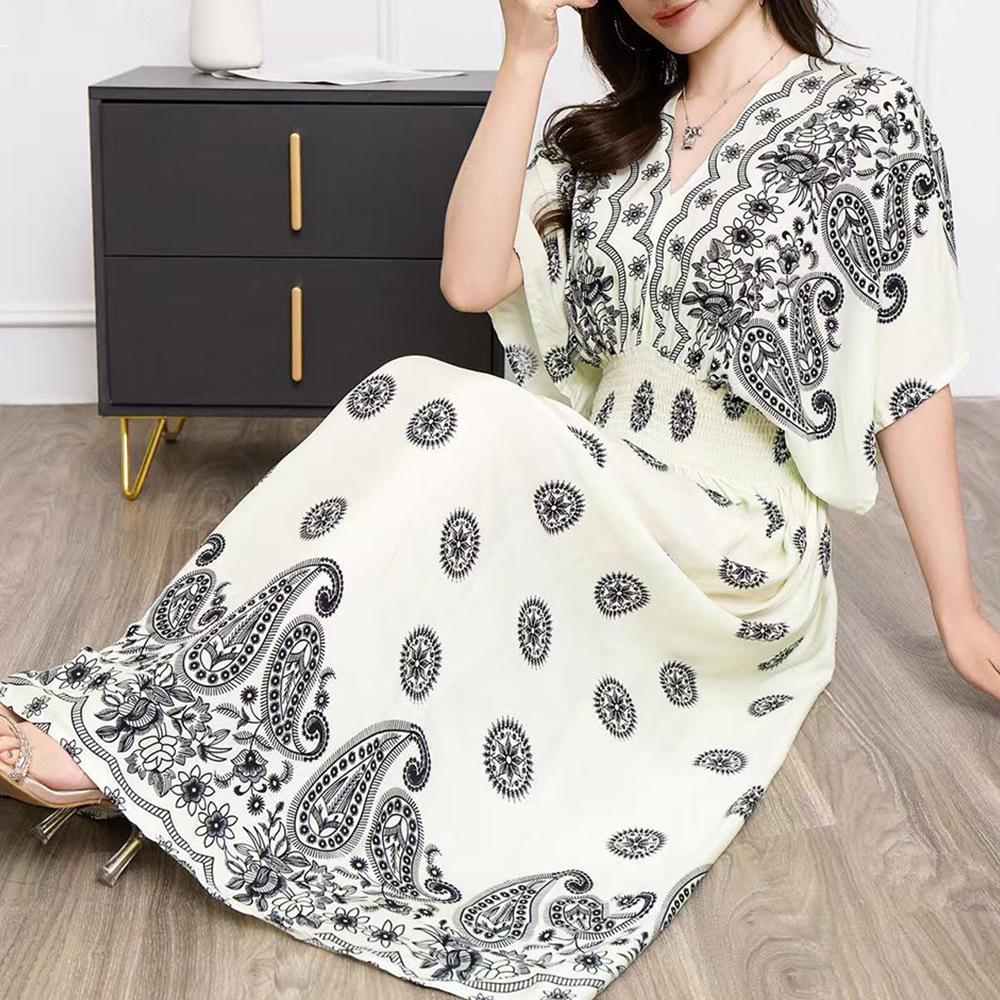 26-Year Floral V-Neck Cotton Silk Batwing Sleeve Beach Dress - Thailand Travel & Vacation Skirt Style
