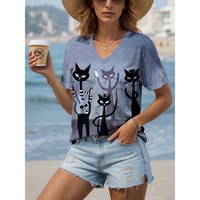 Women's T Shirt Graphic Animal Cat Vintage Stylish Classic Short Sleeve V Neck Regular Tops Daily Print Dusty Rose