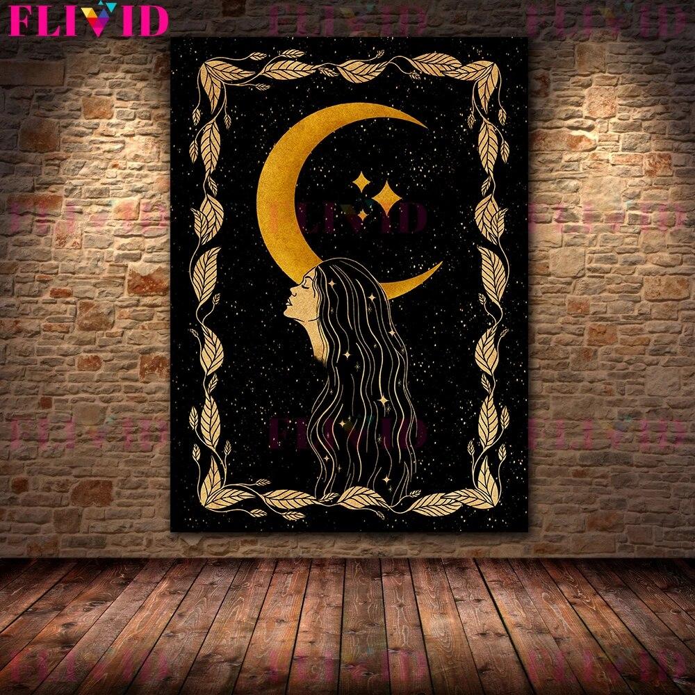 Abstrakcyjna sztuka ścienna czarownicy słońce i księżycowa ćma czarna czarownica wróżka druk artystyczny astrologia mistyczne dzieła sztuki plakat i druki bez ramki