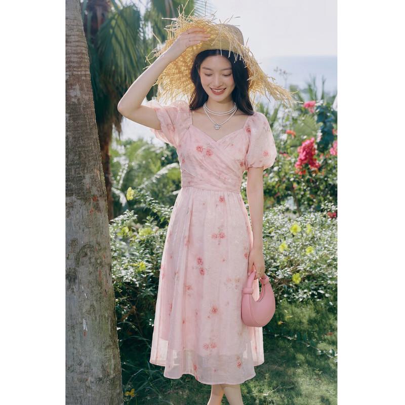 Elegant Floral Square Neck Bubble Sleeve Midi Dress S